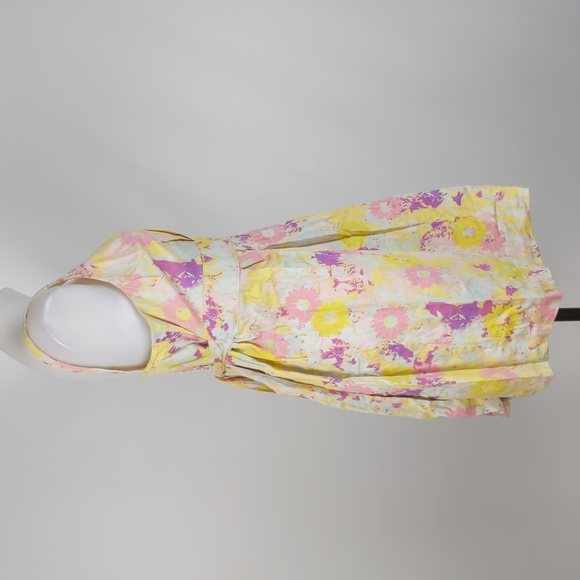 Portmans Women's Dress Size 14 Yellow Pink Floral V-Neck Shirring Bow Sleeveless - Picture 10 of 13